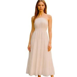 Cream Strapless Maxi Sundress Sz M Bohemian Gauzy Sheer Ruffle Feminine Dress